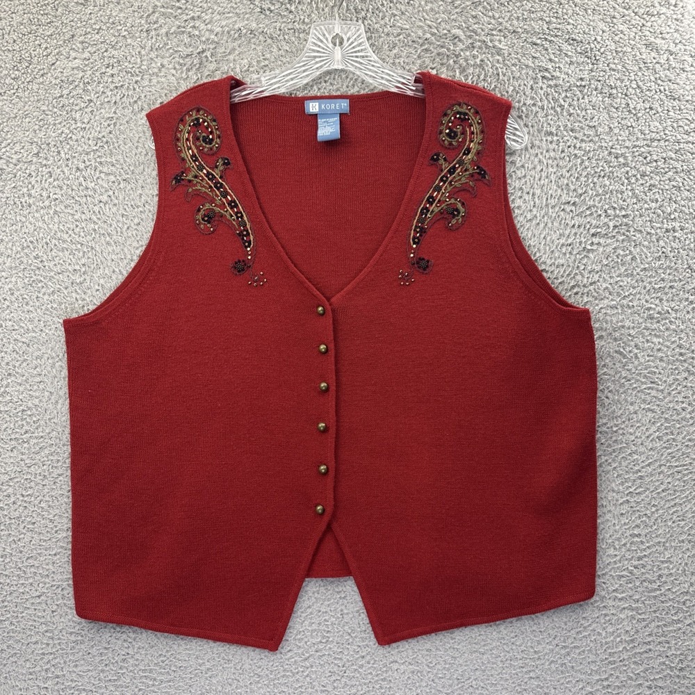 Vintage Koret Knit Sweater Vest‎ Embroidered Cottage Holiday Grandma Women Large